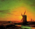 日没時のウクライナの草原の風車 イワン・アイヴァゾフスキー